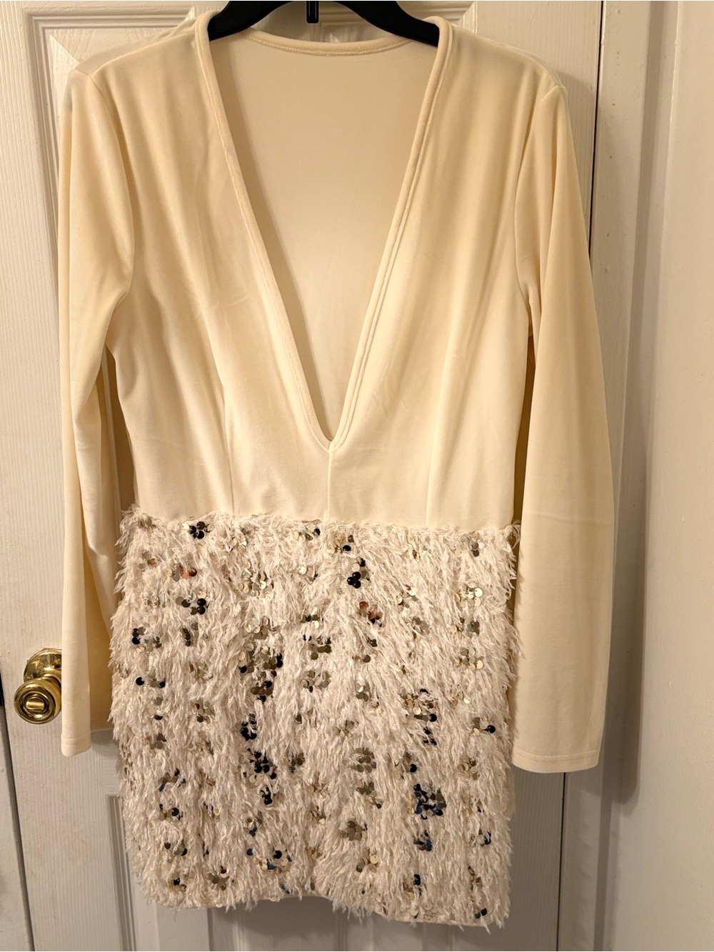 SHEIN Ivory Long Sleeve Plunging V-Neck Dress with Sequin Fringe Skirt